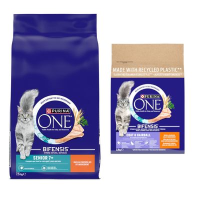 7.5kg PURINA ONE Dry Cat Food + 2.8kg PURINA ONE Dry Cat Food Free! * Senior 11+ Chicken & Whole Grains (7.5kg) + Coat & Hairball Chicken & Whole Grains (2.8kg)