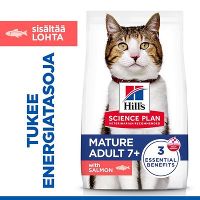Hill's Science Plan Mature Adult 7+ lohella, tukee energiatasoa, 3 olennaista hyötyä, eläinlääkärien suosittelema.