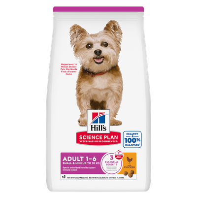 Hill's Science Plan Adulte 1-6 Small & Mini jusqu'à 10 kg au poulet, 3 bénéfices essentiels, sain & 100 % équilibré, soutient le système immunitaire, sans additifs artificiels.