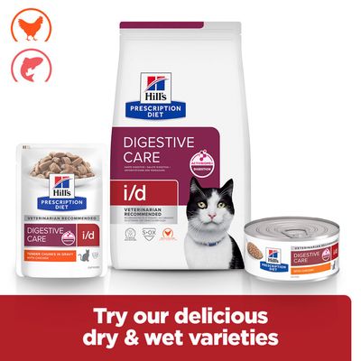 Hill's Prescription Diet Digestive Care i/d dry and wet food with chicken for cats, product images of pouch, can and bag, note on various varieties.
