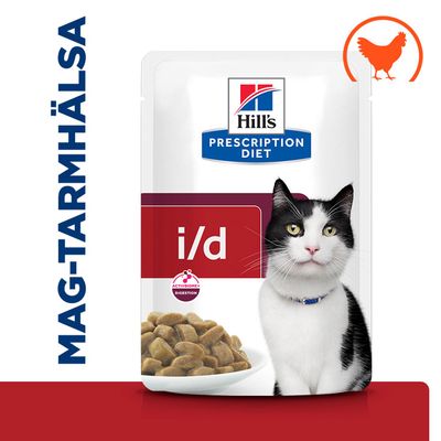 Hill's Prescription Diet i/d, mag-tarmhälsa, med kyckling, våtfoderpåse med bitar och avbildad katt.