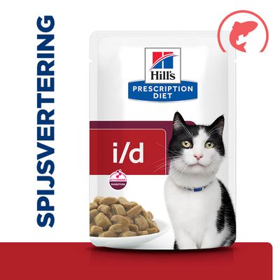 Hill's Prescription Diet i/d, afbeelding van een zwart-witte kat, schaal met voer, tekst: SPIJSVERTERING, symbool van een vis rechtsboven.