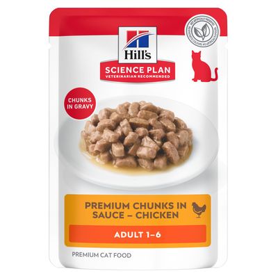 Hill's Science Plan Pedaços Premium em Molho – Frango, Adulto 1-6, Pedaços em Molho, Alimento Premium para Gatos, sem conservantes artificiais.