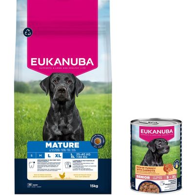 15kg Eukanuba Premium Nutrition Dry Dog Food + 3x400g Wet Dog Food Free! * Mature Large & Giant Breed Chicken (15kg) + Senior Rich in Turkey with Carrots (3 x 400g)