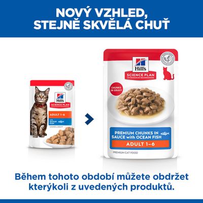 Hill's Science Plan Adult 1-6 Ocean Fish krmivo pro kočky: starý a nový design obalu, produkt může být dodán v obou provedeních.