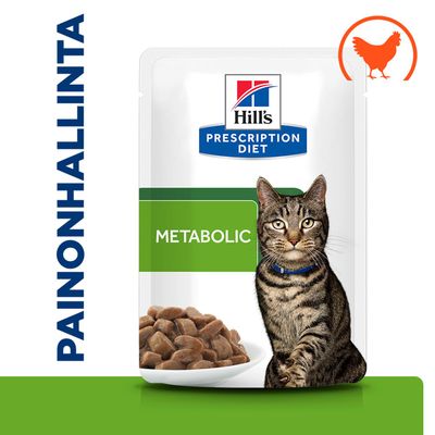 Hill's Prescription Diet Metabolic, kuva kissasta, kulho ruokapaloilla, kanan symboli, teksti: PAINONHALLINTA.