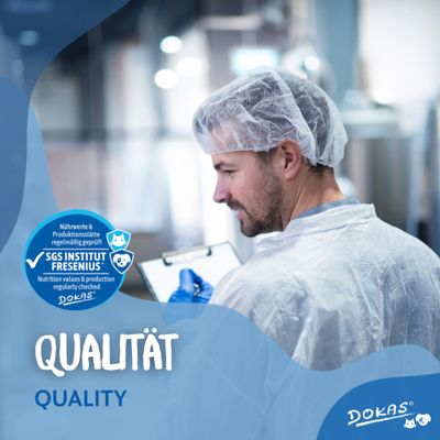 Qualitätssiegel: SGS Institut Fresenius. Nährwerte und Produktionsstätte regelmäßig geprüft. Qualität, DOKAS.