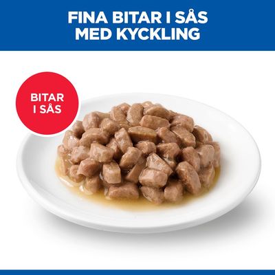 Fina bitar i sås med kyckling. Bitar i sås. Visas är en tallrik med köttbitar i sås.