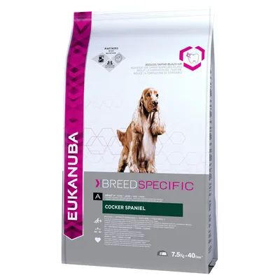 Vreća hrane za pse Eukanuba Breed Specific Cocker Spaniel, 7,5 kg, vidljiv tekst: 'Reduces tartar build-up', 'Adult 1+ years', '40 days'