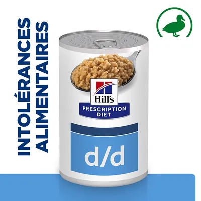 Boîte de nourriture Hill's Prescription Diet d/d, texte visible : INTOLÉRANCES ALIMENTAIRES, image de pâtée et symbole canard vert en haut à droite.