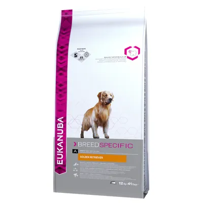 Vreća hrane za pse Eukanuba Breed Specific Golden Retriever, prikaz psa pasmine golden retriever, oznaka 12 kg = 41 dana, vidljiv naziv brenda i proizvoda.