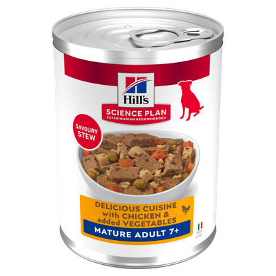 Hill's Science Plan Savoury Stew. Herkullinen ateria kanalla ja lisätyillä vihanneksilla. Ikääntyneille aikuisille 7+. Valmistettu Italiassa.