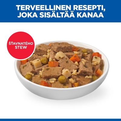 Terveellinen resepti kanalla, kulhollinen muhennosta, teksti: Mehukas Stew.