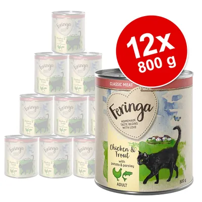 Feringa Chicken & Trout with potato & parsley, ADULT, 12×800 g konzerv za mačke. Vidna etiketa z ilustracijo črne mačke in piščanca ter postrvjo.