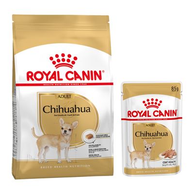 Royal Canin Adult Chihuahua hondenvoer, grote zak en natvoerzakje 85 g, beide met afbeelding van een chihuahua en rode procentteken voor korting zichtbaar op de verpakking.