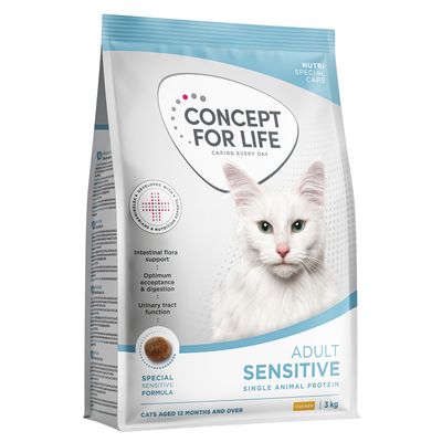Concept for Life Sensitive Cats. Maßgeschneidert für besondere Ernährungsbedürfnisse, nur eine tierische Proteinquelle, Unterstützung der Darmflora. Entwickelt mit Tierärzten und Ernährungsexperten.