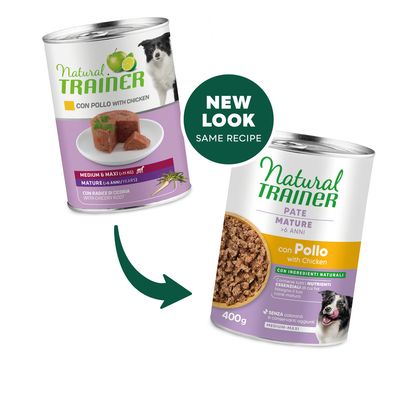 Natural Trainer dog food with chicken, suitable for medium and large dogs (>11kg) from 6 years. Contains chicory root. Shown: food piece on plate.