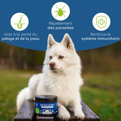 Z-Schild Friandises aliment complémentaire pour chiens. Soutient la santé de la fourrure et de la peau, la défense contre les parasites et le système immunitaire selon le texte de l'image.