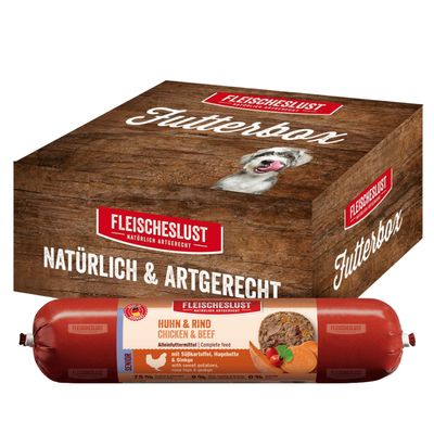 Fleischeslust Futterbox Senior Classic 6 x 800 g Huhn & Rind mit Süsskartoffel, Hagebutte & Gingko