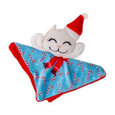 Jouet en peluche représentant une tête de chat blanc avec bonnet rouge, attachée à un carré de tissu vert décoré de sapins et motifs rouges, bordure rouge visible.