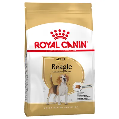 Royal Canin Adult Beagle tørfoder til hunde fra 12 måneder. Specielt tilpasset foder til vægtkontrol og ledstøtte. Billede af foder og en beagle.