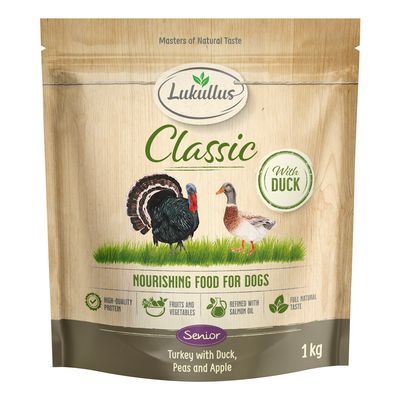 Lukullus Classic Senior cibo per cani, tacchino e anatra con patate e mela, senza cereali, arricchito con olio di salmone, ingredienti naturali, sacco da 12 kg.