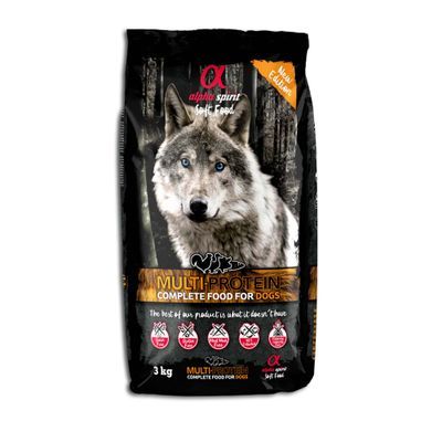Alpha Spirit Soft Food Multi-Protein, compleet voer voor honden. Verpakking met wolvenmotief en symbolen voor graanvrij, glutenvrij, zonder vleesmeel, gemaakt in Spanje.