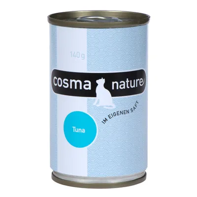 Cosma Nature -tonnikalapurkki, 140 g. Etiketissä teksti: Tuna, IM EIGENEN SAFT. Purkki metallia.