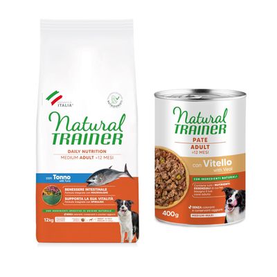 Natural Trainer Daily Nutrition Medium Adult >12 miesięcy z prosciutto crudo, 12 kg. Wspiera witalność dzięki spirulinie i zdrowie jelit dzięki makroalgom. Bez barwników i konserwantów.