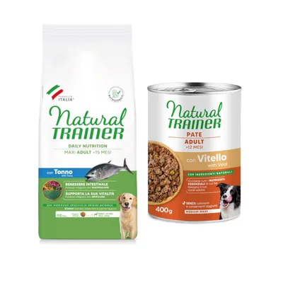 12 kg Natural Trainer + 2 x 400 g passande våtfoder på köpet! - Adult Maxi med tonfisk + Paté Medium & Maxi Adult med kalvkött 12 kg Natural Trainer + 2 x 400 g passande våtfoder på köpet! - Adult Maxi med tonfisk + Paté Medium & Maxi Adult med kalvkött