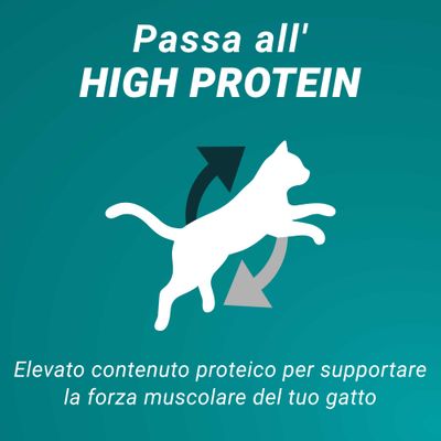 High Protein. Alto contenuto proteico per il sostegno della forza muscolare del tuo gatto.