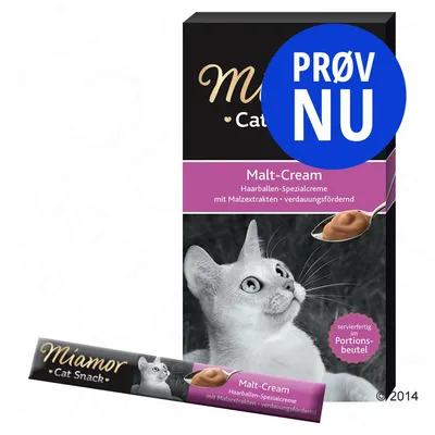 Miamor Cat Snack Malt-Cream, Haarballen-Spezialcreme mit Malzextrakten, fordøjelsesfremmende. Prøv nu. Serveringsklar i portionsbeutel. Billede af kat og creme på ske.