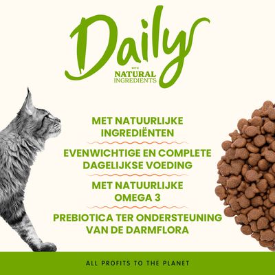 Daily met natuurlijke ingrediënten, uitgebalanceerde dagelijkse voeding, Omega 3, prebiotica ter ondersteuning van de darmflora. Alle opbrengsten voor de planeet.