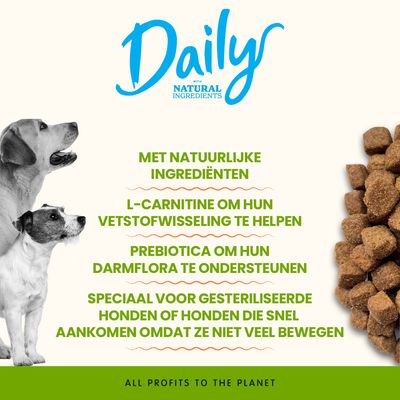 Daily met natuurlijke ingrediënten, L-carnitine ter ondersteuning van de vetstofwisseling, prebiotica voor de darmflora, speciaal voor gesteriliseerde of minder actieve honden.