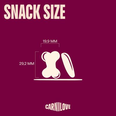 Snack Size. Abbildung eines Snacks mit Maßen: 19,9 mm Breite und 29,2 mm Höhe. Markenname Carnilove unten im Bild.