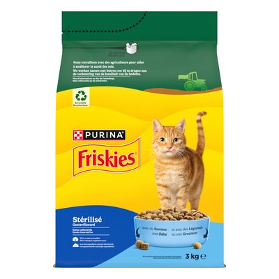PURINA Friskies Sterilisé kissanruoka, 3 kg, lohen ja vihannesten kanssa, ilman väriaineita, kierrätettävä pakkaus.