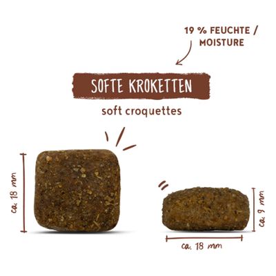 Softe Kroketten mit 19% Feuchte, Maße ca. 18 mm x 18 mm x 9 mm, Text: soft croquettes.