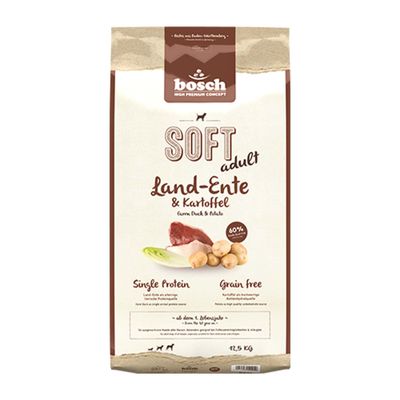 bosch SOFT adult Land-Ente & Kartoffel, 12,5 kg. Widoczne napisy: Single Protein, Grain Free, farm Duck & Potato, 60% fresh duck, bez zbóż, opakowanie karmy dla psów.