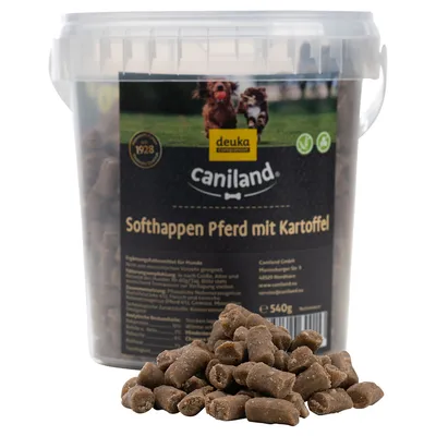 Caniland Softhappen cal cu cartof, supliment alimentar pentru câini în găleată de 540g. Softhappen maro vizibile în fața găleții. Caniland Softhappen cal cu cartof, supliment alimentar pentru câini în găleată de 540g. Softhappen maro vizibile în fața găleții.