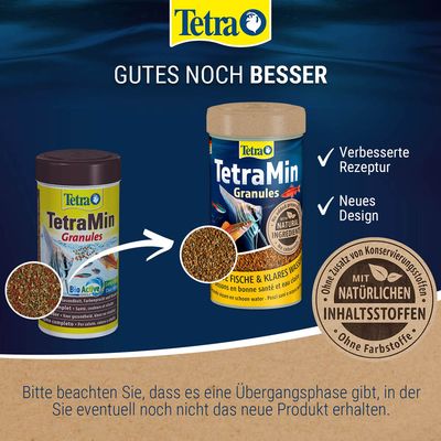 TetraMin Granules mit verbessertem Rezept, neuem Design und natürlichen Inhaltsstoffen. Hinweis: Übergangsphase möglich, altes Produkt kann noch erhältlich sein.