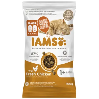 IAMS 80 Years, 87% tierisches Protein, mit frischem Huhn, 100% ausgewogene Ernährung, starkes Immunsystem, weizenfrei, für Katzen ab 1 Jahr, 100g, recycelbare Verpackung. IAMS 80 Years, 87% tierisches Protein, mit frischem Huhn, 100% ausgewogene Ernährung, starkes Immunsystem, weizenfrei, für Katzen ab 1 Jahr, 100g, recycelbare Verpackung.