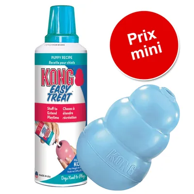 KONG Easy Treat Recette pour chiots, spray avec texte 'Choses à étendre récréation', jouet bleu KONG et pastille rouge 'Prix mini'