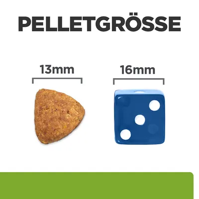Velikost pelet: primerjava 13 mm trikotne pelete in 16 mm kocke z modro površino.