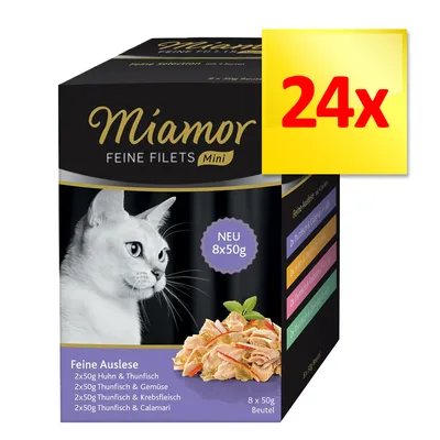 Miamor Feine Filets Mini, zestaw 24x8x50g. Widoczne smaki: kurczak i tuńczyk, tuńczyk i warzywa, tuńczyk i mięso kraba, tuńczyk i kalmary. NEU 8x50g.