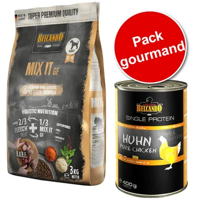 Pack gourmand Belcando : sac Mix It GF 3 kg pour chien adulte et boîte Single Protein Huhn Pure Chicken 400 g. Texte visible : Super Premium Quality, No Grain Formula.