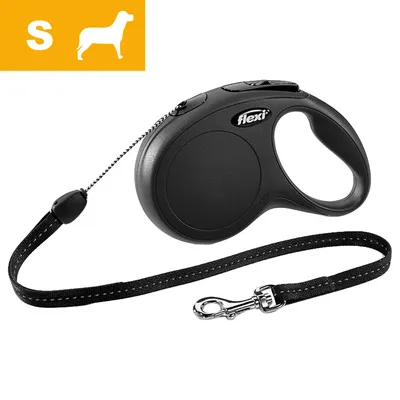Retractable black lead with handle and clip, shown with an icon indicating size S for small dogs.