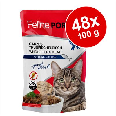 Feline PORTION, 48x100 g. Ganzes Thunfischfleisch, whole tuna meat mit Rind/with beef. Utan tillsatt socker, no added sugar. Bild på katt och skål med mat.