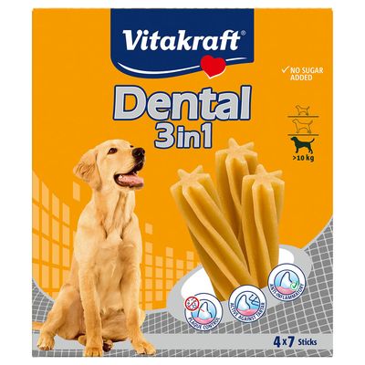 Vitakraft Dental 3in1, Vitality Plus, sugar-free formula, suitable for dogs over 10kg. Contains 4x7 sticks with plaque control and anti-inflammatory effect.
