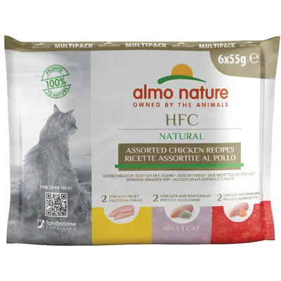 Almo Nature HFC Natural multipack, 6x55g. Különböző csirke variációk: filé, fehér hal, garnéla. Felnőtt macskáknak. Profits 100% to nature. QR-kód további információkért.