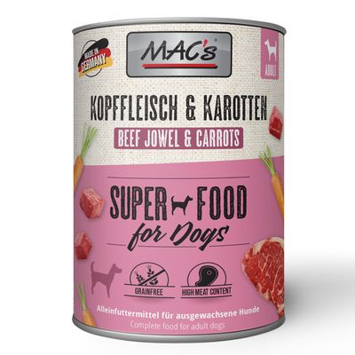 MAC's Super Food for Dogs, naudanpääliha ja porkkana, 24 x 800 g. Valmistettu Saksassa, viljaton, 94 % naudanlihaa. Täysravinto aikuisille koirille.